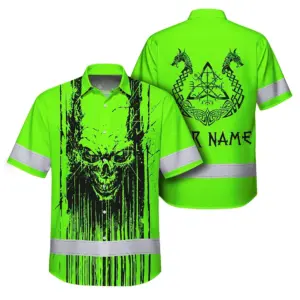 Hi Vis Hawaiian Shirt Reflective Tapes Green Neon Skull Viking Symbol Custom Name Safety Workwear For Workers, Truckers, Operators
