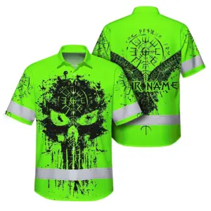 Hi Vis Hawaiian Shirt Reflective Tapes Green Neon Skull Viking Symbol Raven Custom Name For Workers, Runners, Truckers, Skull Lovers