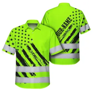 Hi Vis Hawaiian Shirt Reflective Tapes Green Neon US Flag 2 Custom Name