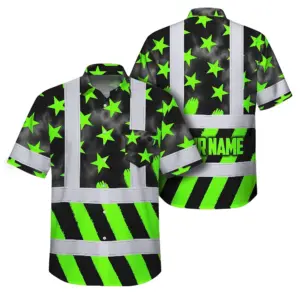 Hi Vis Hawaiian Shirt Reflective Tapes Green Neon US Flag Custom Name Safety Workwear For Workers, Truckers, Operators