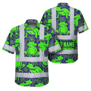 Hi Vis Hawaiian Shirt Reflective Tapes Green Neon Violet Frog Custom Name Safety Workwear For Workers, Truckers, Operators