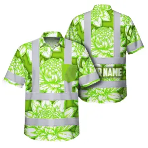 Hi Vis Hawaiian Shirt Reflective Tapes Green Neon White Protea Custom Name Safety Workwear For Workers, Truckers, Operators