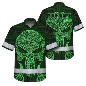 Hi Vis Hawaiian Shirt Reflective Tapes Green Polynesian Skull Custom Name Safety Workwear For Workers, Truckers, Operators