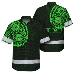 Hi Vis Hawaiian Shirt Reflective Tapes Green Turtle Polynesian Custom Name Safety Workwear For Workers, Truckers, Operators