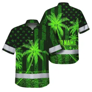 Hi Vis Hawaiian Shirt Reflective Tapes Green US Flag Coconut Custom Name Safety Workwear For Workers, Truckers, Operators
