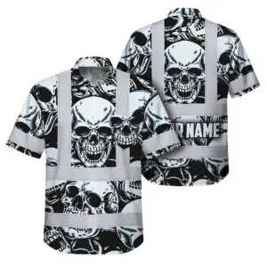 Hi Vis Hawaiian Shirt Reflective Tapes Grey Black Skull Custom Name Safety Workwear For Workers, Truckers, Operators