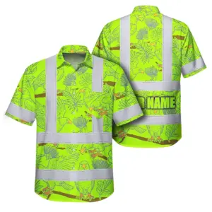 Hi Vis Hawaiian Shirt Reflective Tapes Grey Green Eagle Custom Name Safety Workwear For Workers, Truckers, Operators
