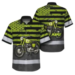Hi Vis Hawaiian Shirt Reflective Tapes Lime Neon Motobike US Flag Custom Name Safety Workwear For Workers, Truckers, Operators