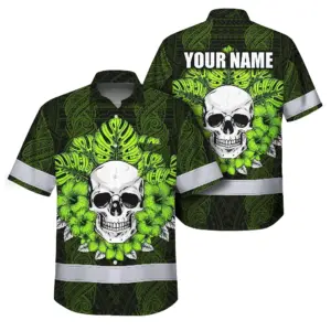 Hi Vis Hawaiian Shirt Reflective Tapes Lime Neon Polynesian Skull Custom Name Safety Workwear For Workers, Truckers, Operators
