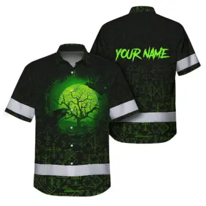 Hi Vis Hawaiian Shirt Reflective Tapes Moon Raven Viking Symbol Green Neon Custom Name Safety Workwear