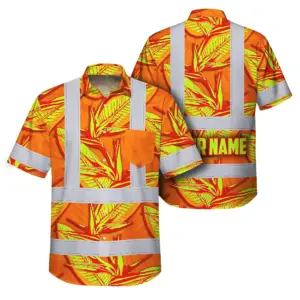 Hi Vis Hawaiian Shirt Reflective Tapes Orange Neon Bird of Paradise Custom Name Safety Workwear For Workers, Truckers, Operators