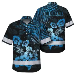 Hi Vis Hawaiian Shirt Reflective Tapes Orange Neon Flower Polynesian Tribal Custom Name Safety Workwear For Workers, Truckers, Operators