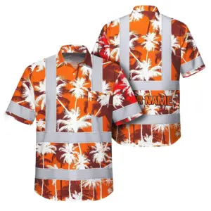 Hi Vis Hawaiian Shirt Reflective Tapes Orange Neon Flowers Custom Name Safety Workwear For Workers, Truckers, Operators