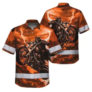 Hi Vis Hawaiian Shirt Reflective Tapes Orange Neon Motobike Skull Custom Name Safety Workwear For Workers, Truckers, Operators