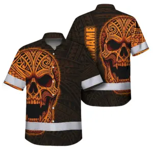 Hi Vis Hawaiian Shirt Reflective Tapes Orange Neon Polynesian Half Skull Custom Name Safety Workwear For Workers, Truckers, Operators