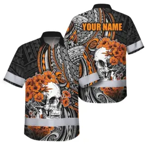 Hi Vis Hawaiian Shirt Reflective Tapes Orange Neon Polynesian Skull Custom Name Safety Workwear For Workers, Truckers, Operators