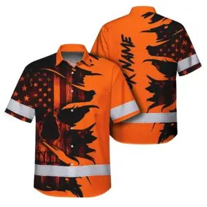 Hi Vis Hawaiian Shirt Reflective Tapes Orange Neon Skull US Flag Scratch Safety Workwear For Workers, Truckers, Operators