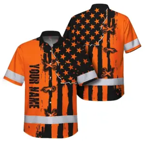 Hi Vis Hawaiian Shirt Reflective Tapes Orange Neon US Flag Custom Name Safety Workwear For Workers, Truckers, Operators