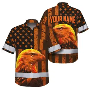Hi Vis Hawaiian Shirt Reflective Tapes Orange US Flag Custom Name Safety Workwear For Workers, Truckers, Operators