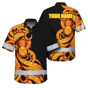 Hi Vis Hawaiian Shirt Reflective Tapes Orange Yellow Neon Polynesian Tribal Custom Name Safety Workwear For Workers, Truckers, Operators