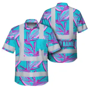 Hi Vis Hawaiian Shirt Reflective Tapes Pink Neon Blue Bird of Paradise Custom Name Safety Workwear For Workers, Truckers, Operators