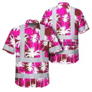 Hi Vis Hawaiian Shirt Reflective Tapes Pink Neon Flowers Custom Name Safety Workwear For Workers, Truckers, Operators