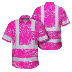 Hi Vis Hawaiian Shirt Reflective Tapes Pink Neon Flowers Custom Name Safety Workwear For Workers, Truckers, Operators
