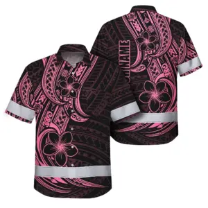 Hi Vis Hawaiian Shirt Reflective Tapes Pink Neon Polynesian And Flower Custom Name Safety Workwear For Workers, Truckers, Operators