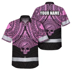 Hi Vis Hawaiian Shirt Reflective Tapes Pink Neon Polynesian Skull Custom Name Safety Workwear For Workers, Truckers, Operators