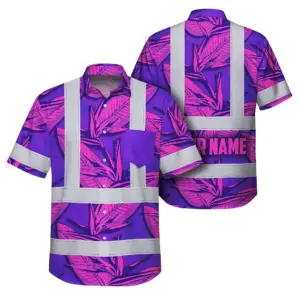 Hi Vis Hawaiian Shirt Reflective Tapes Pink Neon Violet Bird of Paradise Custom Name Safety Workwear For Workers, Truckers, Operators