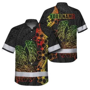 Hi Vis Hawaiian Shirt Reflective Tapes Rainbow Polynesian Tribal Custom Name Safety Workwear For Workers, Truckers, Operators