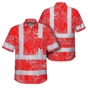 Hi Vis Hawaiian Shirt Reflective Tapes Red Neon Flowers Custom Name Safety Workwear For Workers, Truckers, Operators
