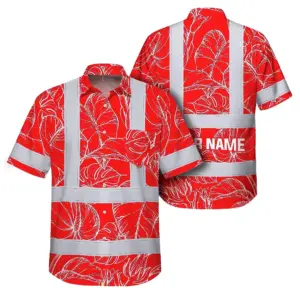 Hi Vis Hawaiian Shirt Reflective Tapes Red Neon Flowers Custom Name Safety Workwear For Workers, Truckers, Operators