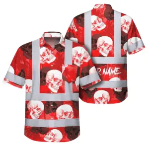 Hi Vis Hawaiian Shirt Reflective Tapes Red Neon White Skull Custom Name Safety Workwear For Workers, Truckers, Operators