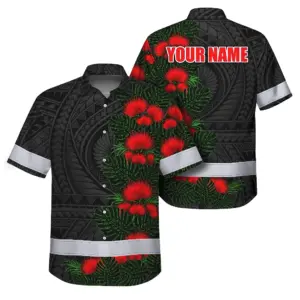 Hi Vis Hawaiian Shirt Reflective Tapes Red Ohia Lehua Polynesian Tribal Custom Name Safety Workwear For Workers, Truckers, Operators