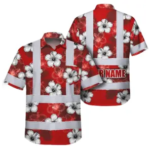 Hi Vis Hawaiian Shirt Reflective Tapes Red White Hibiscus Custom Name Safety Workwear For Workers, Truckers, Operators