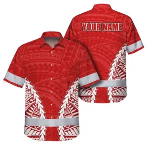 Hi Vis Hawaiian Shirt Reflective Tapes Red White Polynesian Custom Name Safety Workwear For Workers, Truckers, Operators