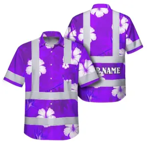 Hi Vis Hawaiian Shirt Reflective Tapes Violet Neon Custom Name Safety Workwear For Workers, Truckers, Operators