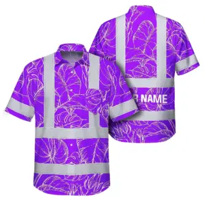 Hi Vis Hawaiian Shirt Reflective Tapes Violet Neon Flowers Custom Name Safety Workwear For Workers, Truckers, Operators