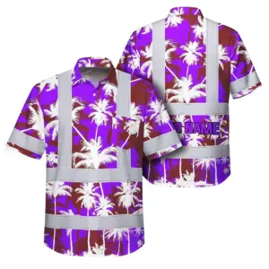 Hi Vis Hawaiian Shirt Reflective Tapes Violet Neon Flowers Custom Name Safety Workwear For Workers, Truckers, Operators