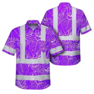 Hi Vis Hawaiian Shirt Reflective Tapes Violet Neon Flowers Custom Name Safety Workwear For Workers, Truckers, Operators