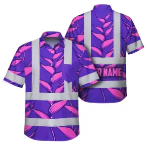 Hi Vis Hawaiian Shirt Reflective Tapes Violet Neon Pink Heliconia Custom Name Safety Workwear For Workers, Truckers, Operators