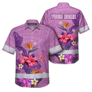 Hi Vis Hawaiian Shirt Reflective Tapes Violet Neon Polynesian And Flowers Custom Name Safety Workwear For Workers, Truckers, Operators
