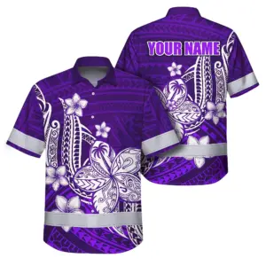 Hi Vis Hawaiian Shirt Reflective Tapes Violet Neon Polynesian Tribal Flowers Custom Name Safety Workwear For Workers, Truckers, Operators