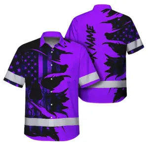 Hi Vis Hawaiian Shirt Reflective Tapes Violet Neon Skull US Flag Scratch Custom Name Safety Workwear For Truckers, Workers, Operator, Cyclists