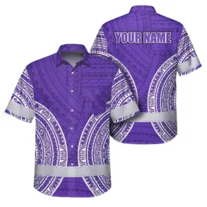 Hi Vis Hawaiian Shirt Reflective Tapes Violet White Polynesian Custom Name Safety Workwear For Workers, Truckers, Operators