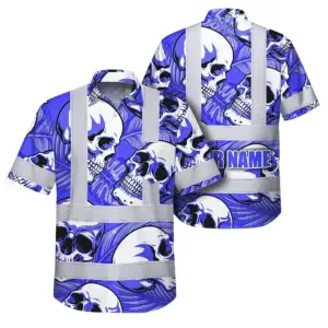 Hi Vis Hawaiian Shirt Reflective Tapes White Blue Skull Custom Name Safety Workwear For Workers, Truckers, Operators