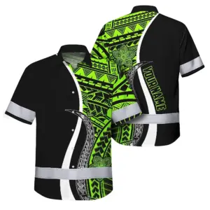 Hi Vis Hawaiian Shirt Reflective Tapes White Green Polynesian Tribal Custom Name Safety Workwear For Workers, Truckers, Operators