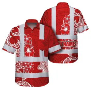Hi Vis Hawaiian Shirt Reflective Tapes White Red Neon Polynesian Tribal Custom Name Safety Workwear For Workers, Truckers, Operators