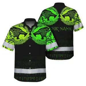 Hi Vis Hawaiian Shirt Reflective Tapes Wolf Tattoo Viking Symbol Green Neon Custom Name Safety Workwear